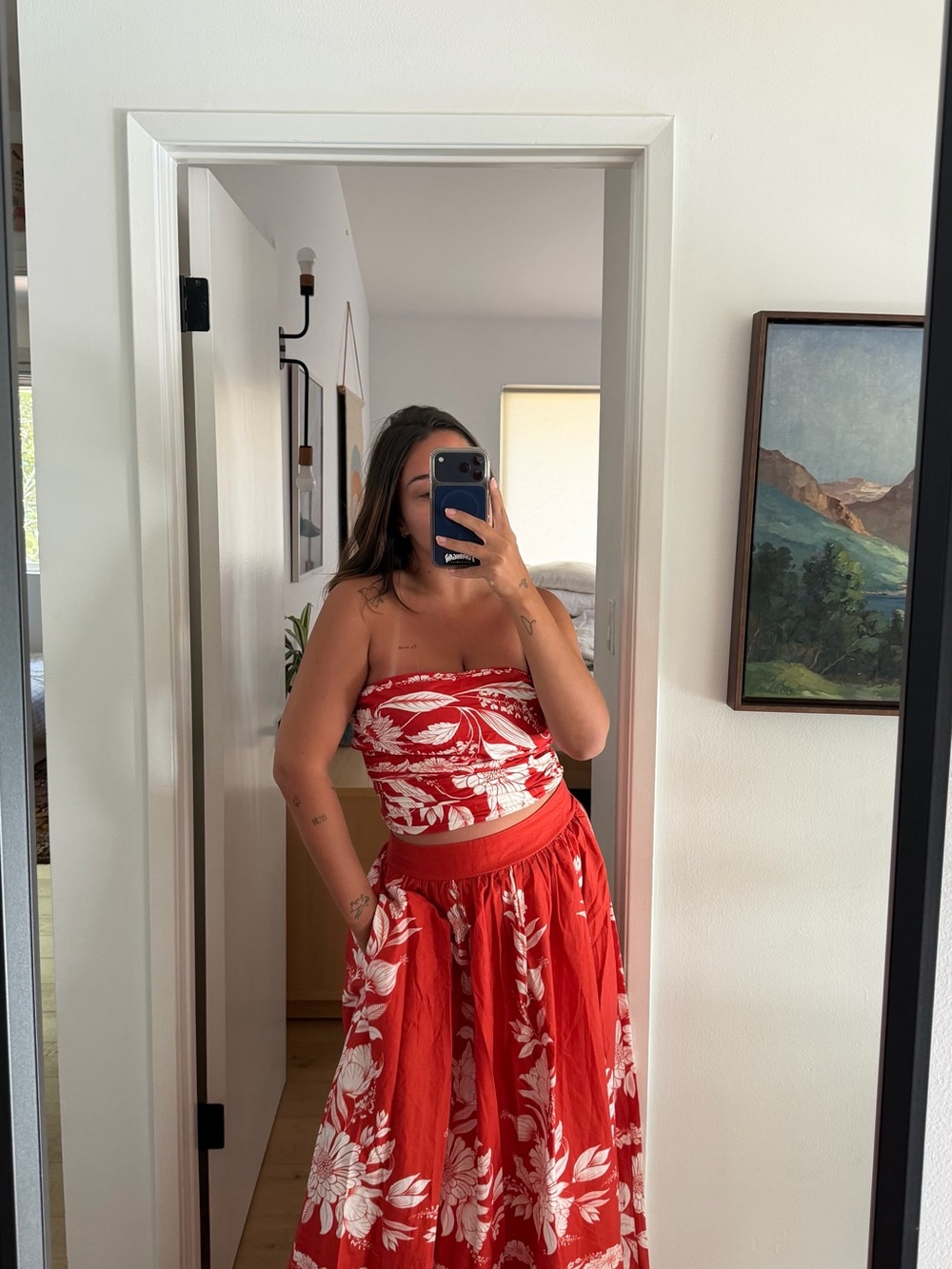 Farm Rio Red Floral Two-Piece Set - Strapless Crop Top & Maxi Skirt